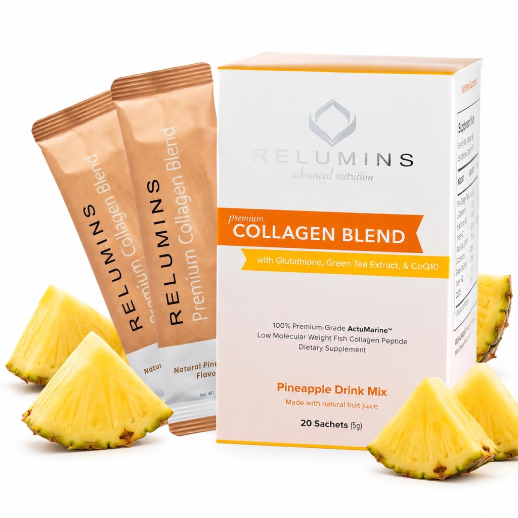 Relumins Marine Collagen אבקה Mix - Collagen Peptide עם Glutathione, תה ירוק, CoQ10 ו Hyaluronic Acid Boosts Glowing Skin - 100 אבקת Sachets x Pineapple Flavored + 10 חינם Sachets