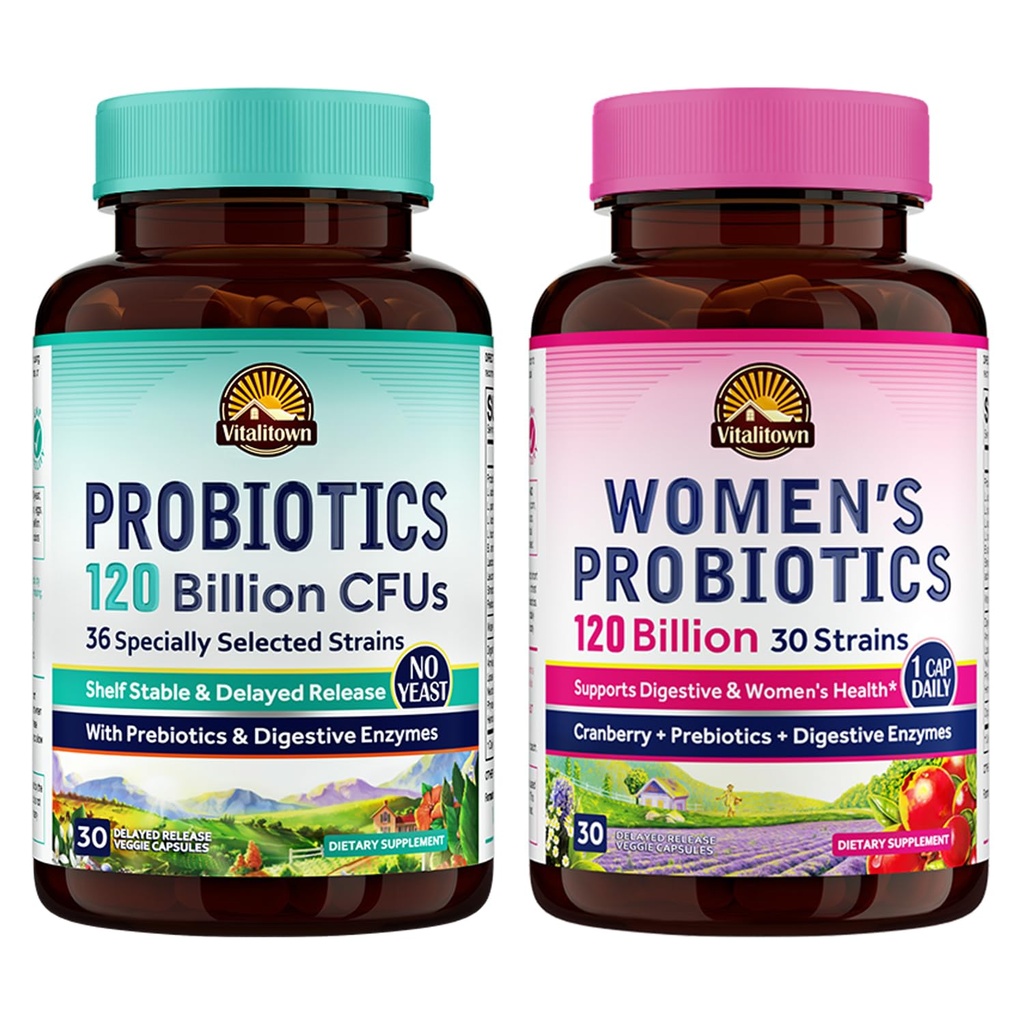Vitalitown Probiotic Bundle (Pack of 2) | פרוביוטיקה 120 מיליארד CFUs (Item 1) & Women's Probiotics (Item 2) | Shelf Stable, Once Daily | Gut, Immune, Vaginal Health | 60 קפסולות | 30 יום אספקת כל אחד