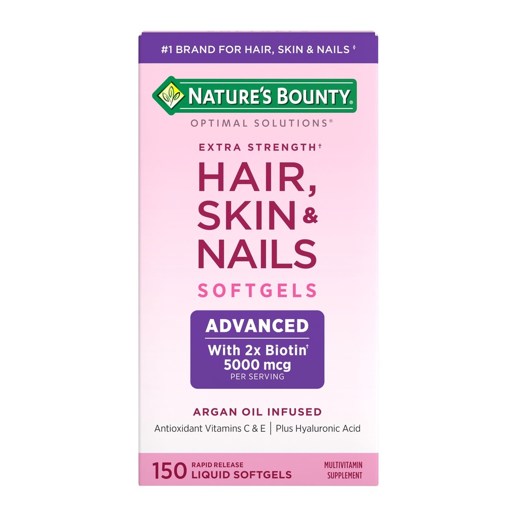 שיער מתקדם Nature's Bounty, Skin & Nails, Argan-Infused תוסף ויטמין עם ביוטין ו- Hyaluronic Acid, 150 Softgels, 50 שרתי חינם