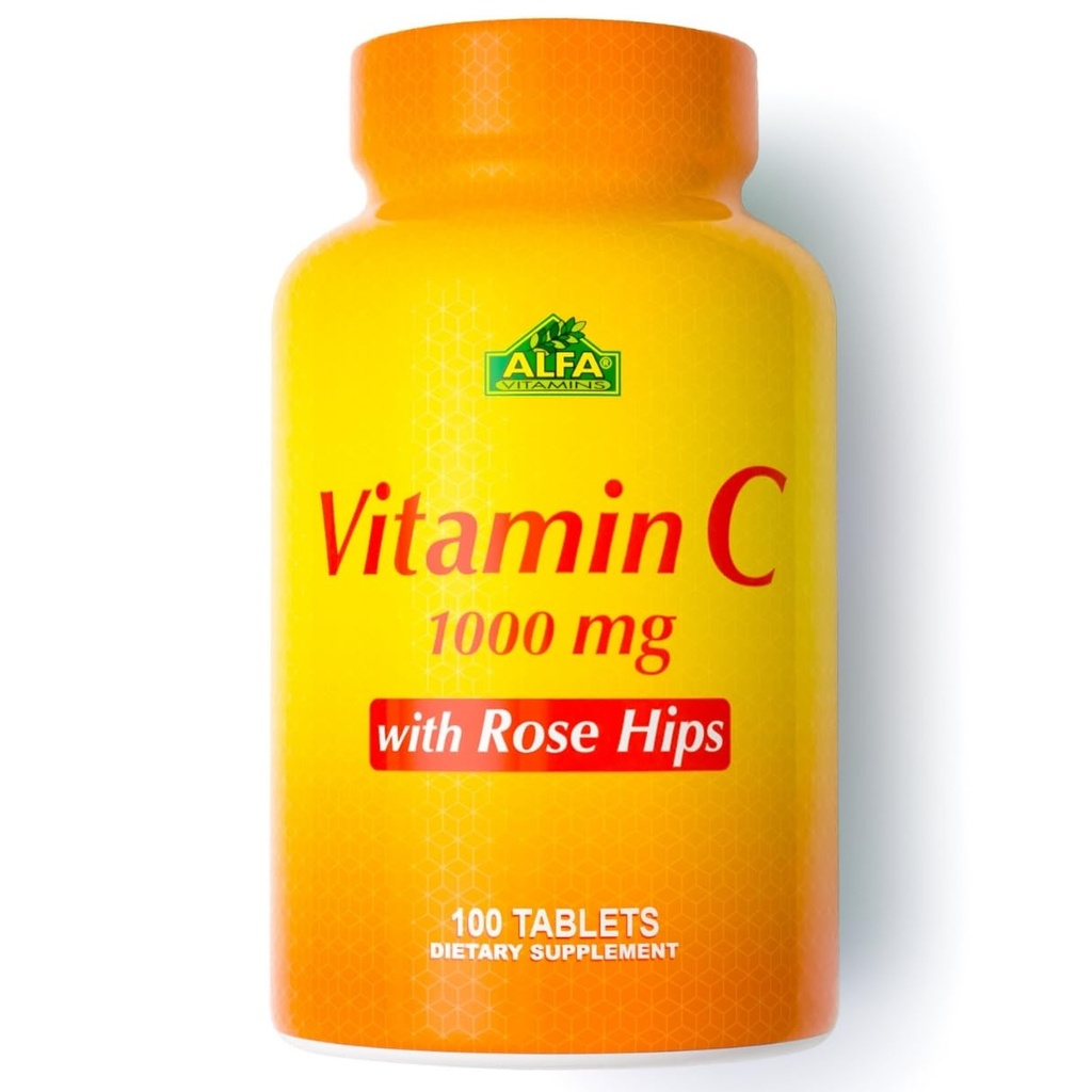 ALFA VITAMINS ויטמין C עם Rose HIPS עם 1000 מ"ג ויטמין C עבור לשרת - אנטיoxidant & Immune תמיכה + תמיכה עור בריא ופרקים - non GMO, טבעוני, Gluten חינם, חלב חינם - 100 - 100 Tablet
