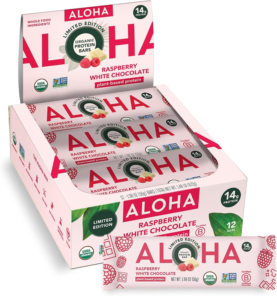 ALOHA אורגני צמחי מבוסס חלבון Bars | Raspberry White Chocolate | 12 Count, 1.98oz Bars | טבעוני, סוכר נמוך, Gluten Free, Paleo, Low Carb, non-GMO, Stevia Free, Soy Free, No Sugar Sweeteners: LIMITED EDITION