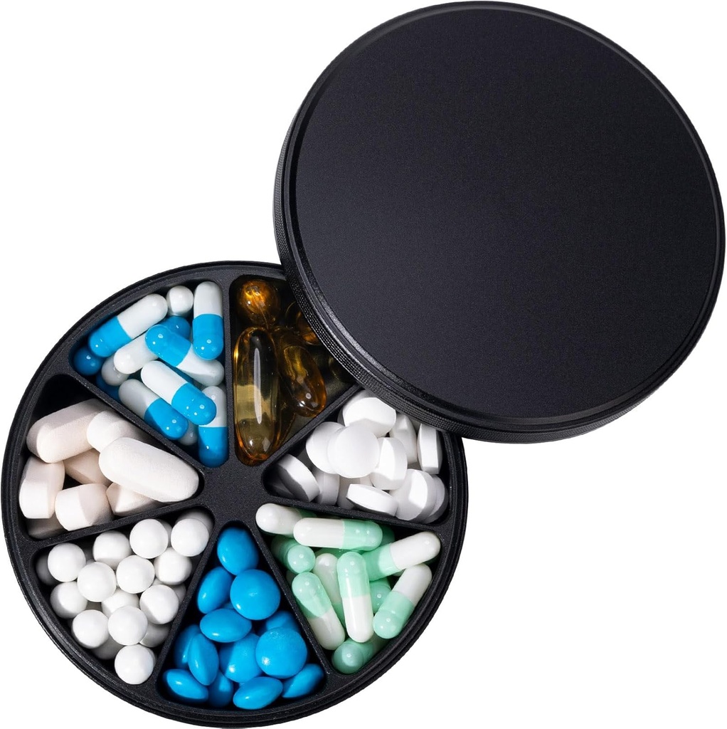 Metal Pill Dispenser Pill מארגנת עם 7 השוואתיות - כבד Anti-Mix Piller, גדול מים עמידים גלולות גלולות חבילת גלולת גלולות עבור ויטמין, תרופות, תוסף שמן דגים, 0.39lb (שחור)