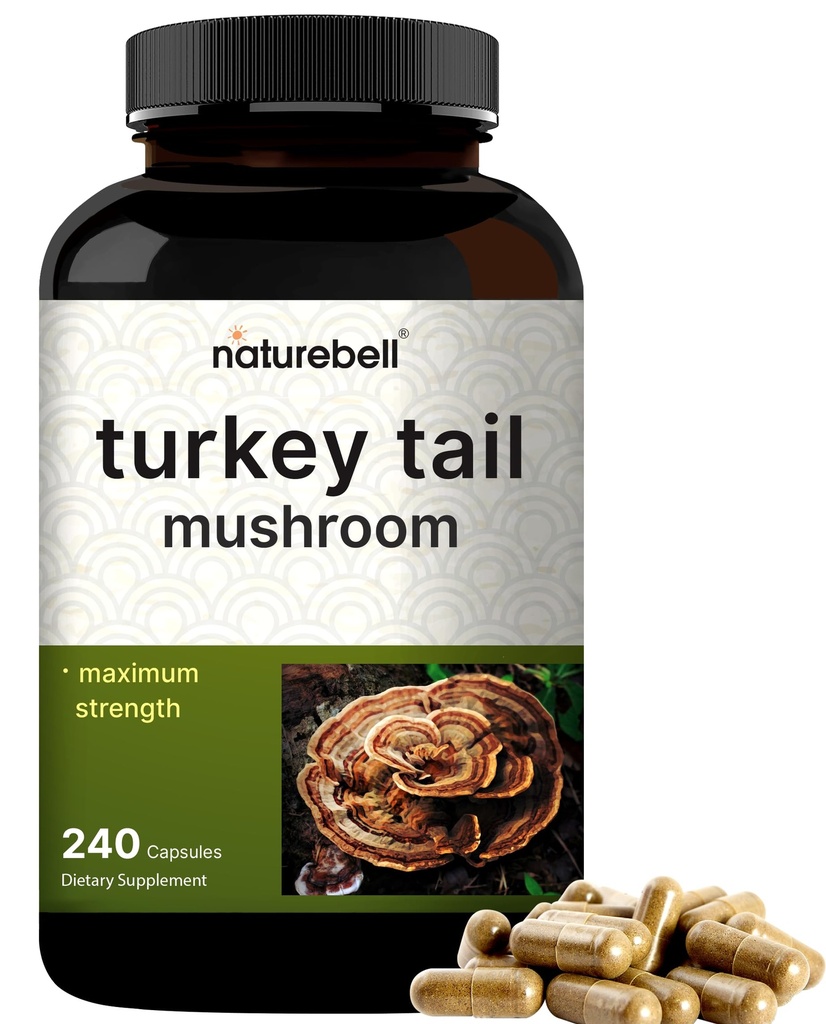 NatureBell טורקיה Tail Mushroom קפסולות 15,000 מ"ג פריר, 240 הרוזן | 25:1 פרי הגוף & Mycelium לחלץ - Immune & Brain Health Mushrooms תוסף.