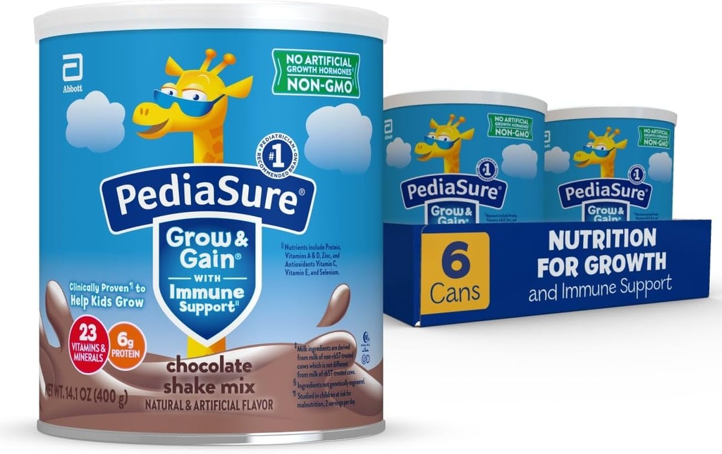 PediaSure Grow & Get with Immune Support Shake Mix, 23 ויטמינים ומינרלים, 6g חלבון, non-GMO, Gluten-Free, Kids Nutrition, שוקולד, 14.1 oz Can, Pack של 6-48 מנות