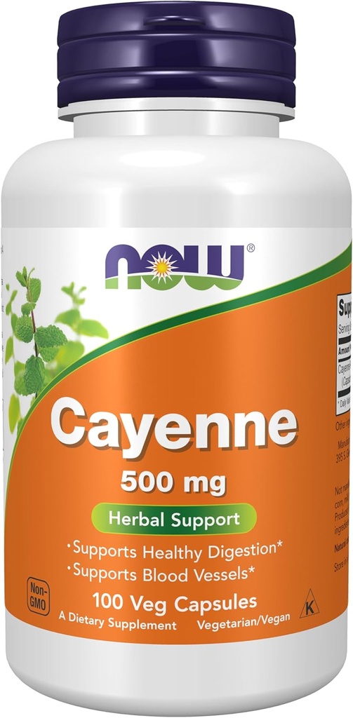 תוספי מזון עכשיו, קייאן (Capsicum annuum) 500 מ"ג, תמיכה צמחית, 100 קפסולות Veg