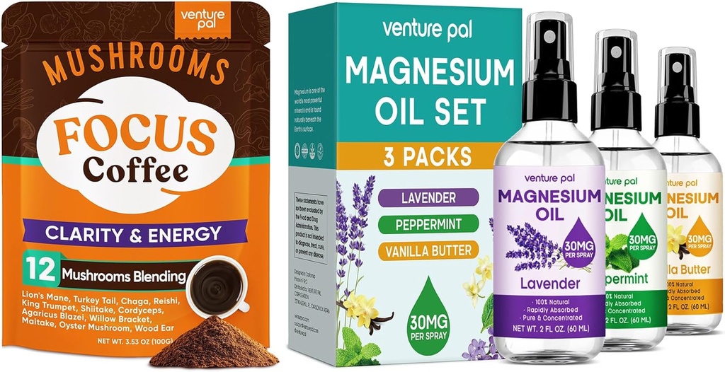 מיזם Pal Mushroom Coffee & Magnesium Oil Spray Bundle: 12 ב 1 קפה עם Ashwagandha עבור Focus & Immunity + 3 Packs Pure Magnesium Spray forlaxation, Sleep & השרירים הקלה - 40 משרתים