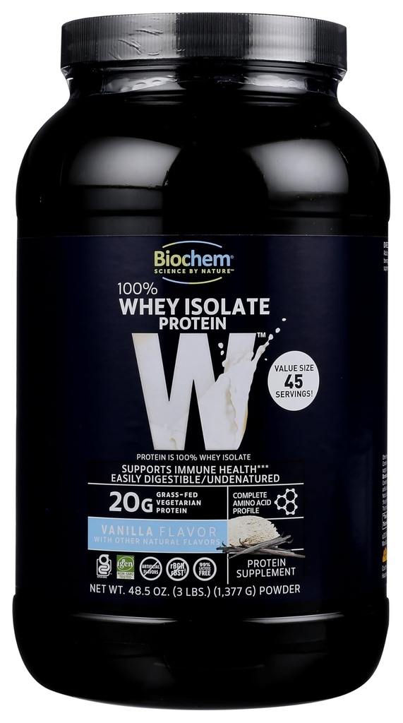 Biochem 100% Whey Isolate אבקת חלבון, Vanilla Flavor, 20g Grass-Fed חלבון, Keto Friendly, Gluten Free, Easily Digest, 48.5 oz, 45 משרתים