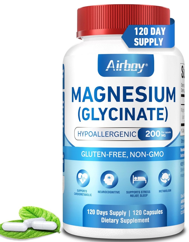 Airboy Magnesium Glycinate 200 מ"ג, Best Magnesium Glycinate for Sleep, 120 קפסולות קטנות טבעוניות, High Absorption Supportlaxation, Sleep and Calm Mood, Non-GMO ו No Gluten Gluten