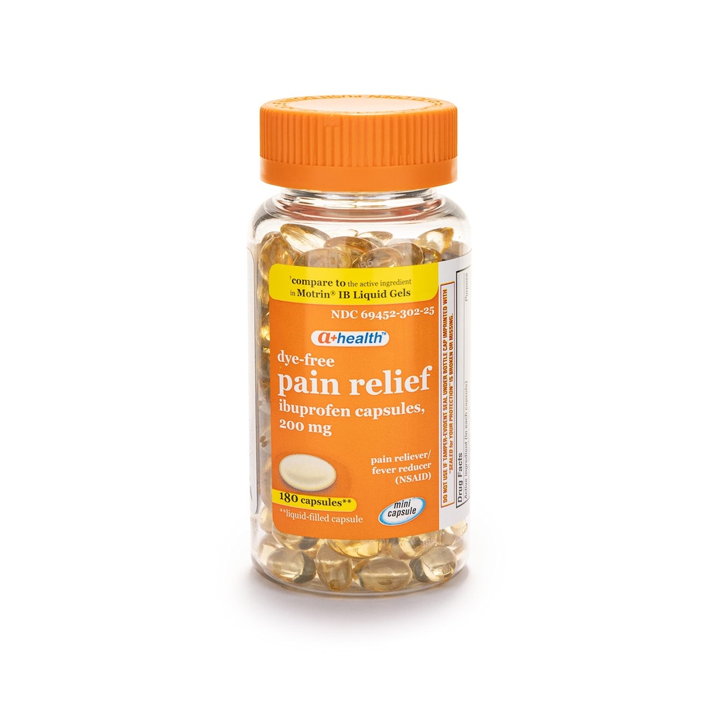 A+Health Dye-Free Ibuprofen 200 Mg Mini Softgels, Pain Reliever / Fever מופחתr (NSAID), 180 הרוזן