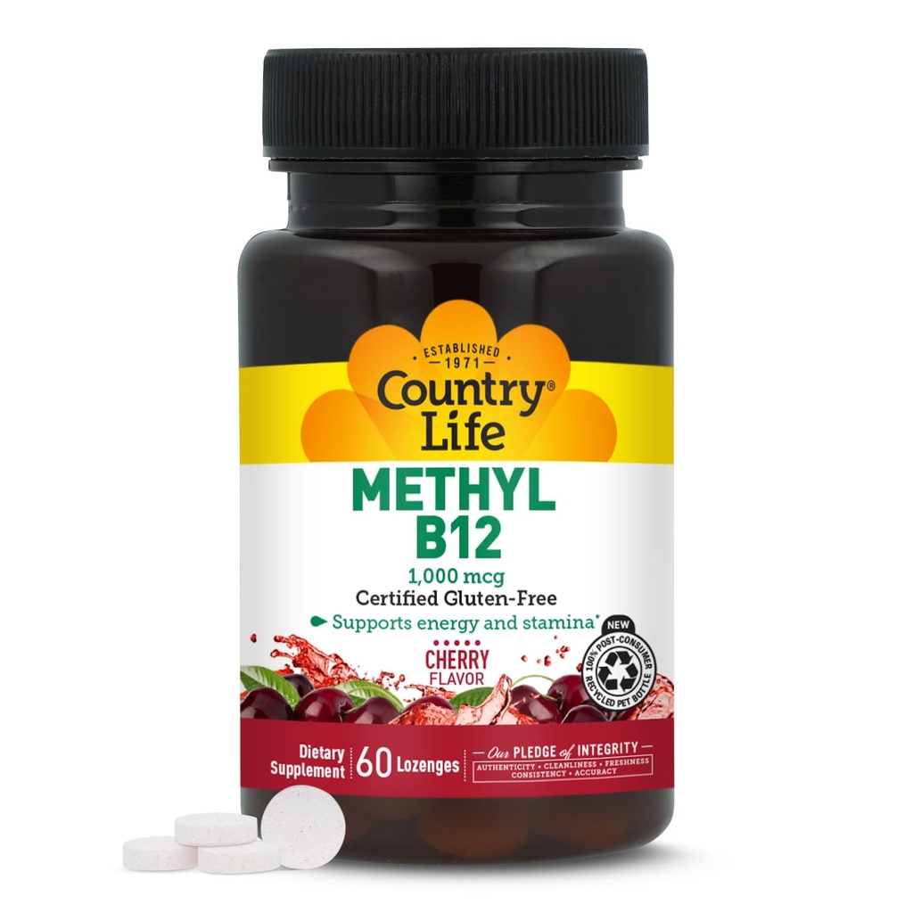 Country Life Methyl B12, Supports Energy & Stamina, 1000mcg, 60 Lozenges, Certified Gluten Free, Certified Vegan
