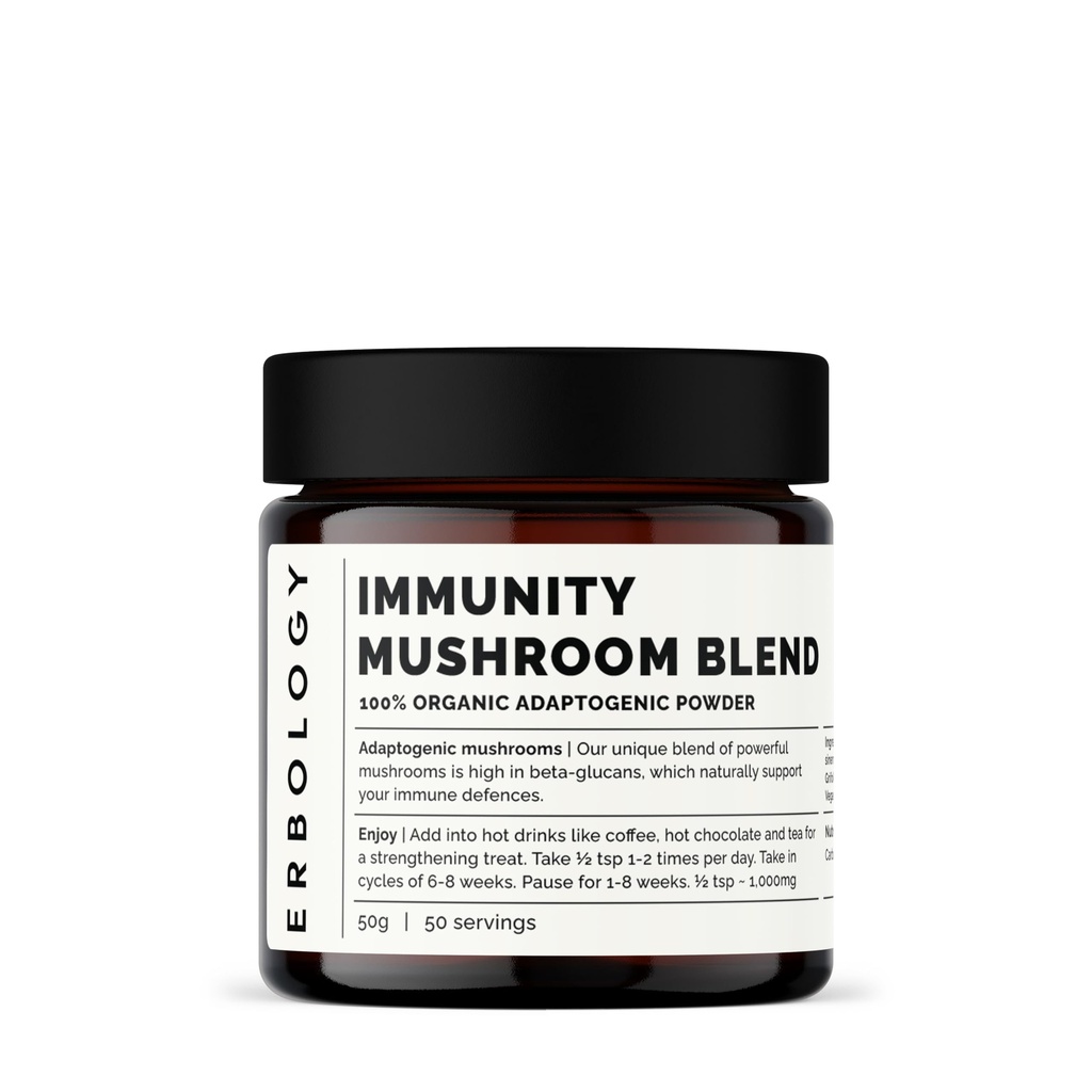 Erbology אורגני Immunity Mushroom 50 משרתות - גבוה בטא-גובלאנס - Reishi, Cordyceps, Lion's Mane, טורקיה Tail - צומח באופן בלתי צפוי באירופה - טבעוני - לא GMO - לא תוספת מילויים