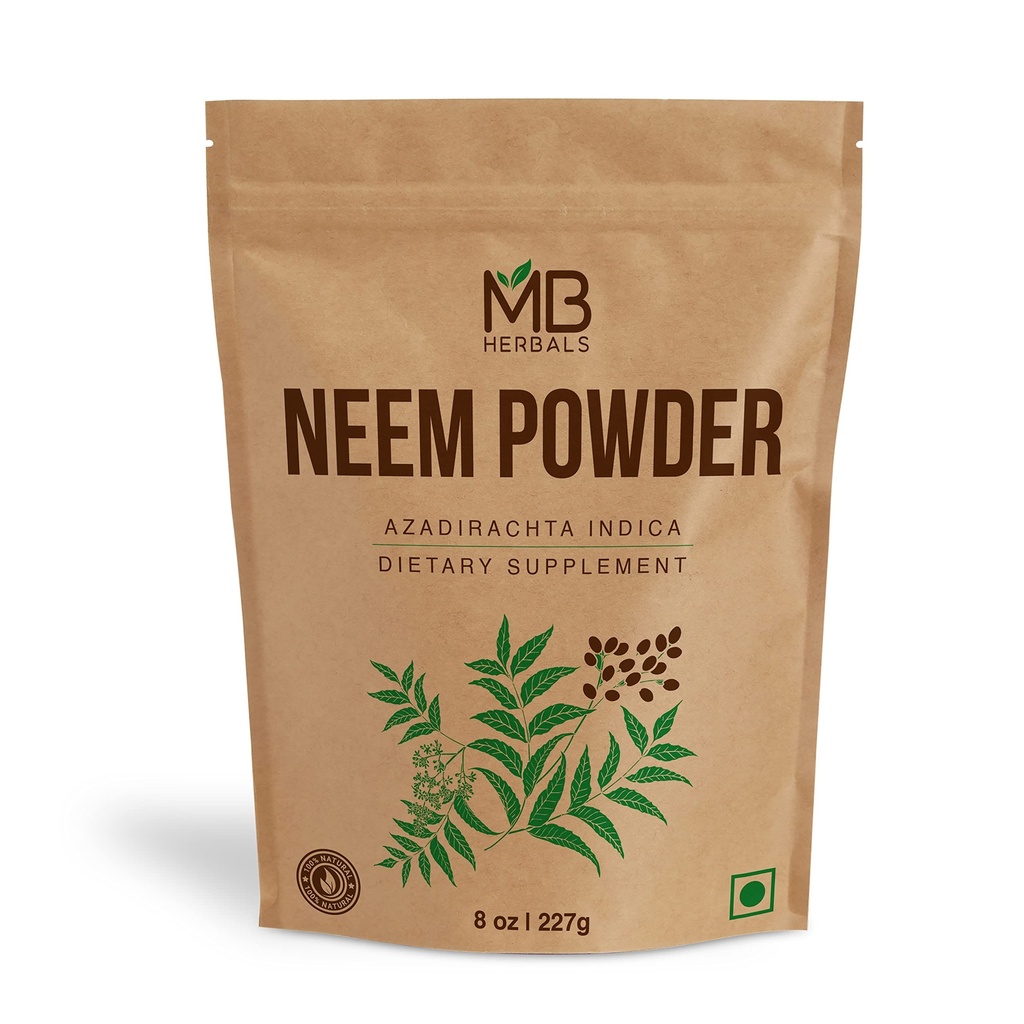 MB Herbals Pure Neem אבקת 8 oz | 227 גרם / 0.5 LB טהור Wild-Crafted Neem Leaf אבקת; תוספת עבור עור שיער | Azadirachta Indica