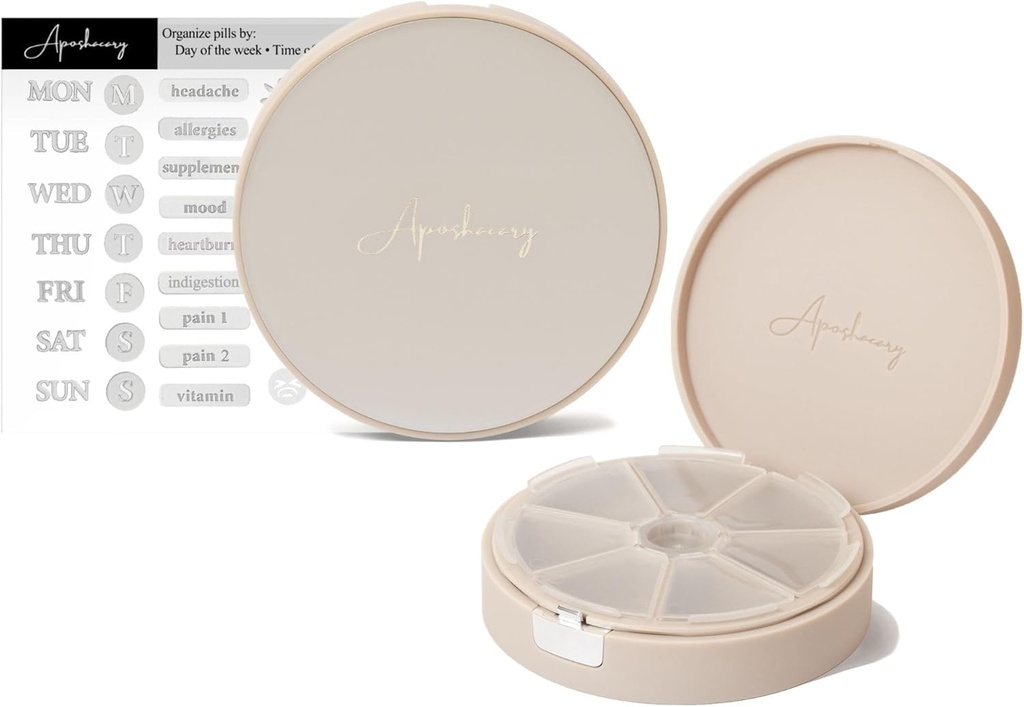7 השוואת גלולות מקרה, Pill Box, Daily Pill מארגנת, Travel PillPSKer, מארגנת תרופות, Customizable Pill Dispenser עם מדבקות תווית (Pearl Cream)