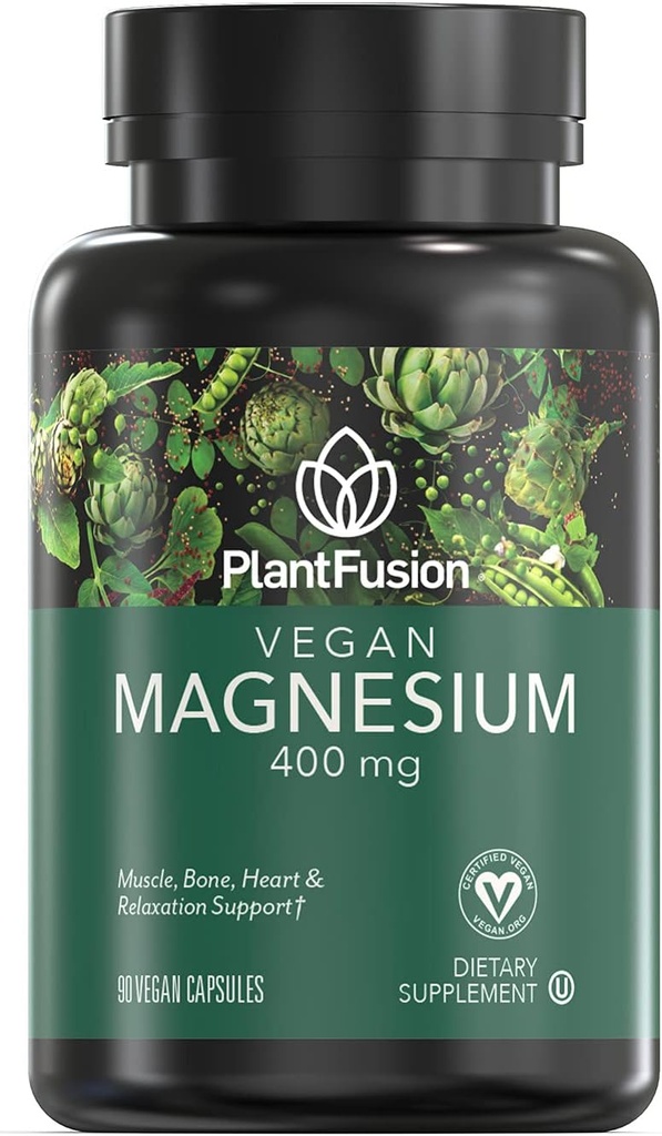 PlantFusion Vegan Magnesium 400 מ"ג תוספת תזונתית, שריר, עצמות, לב ורגיעה תמיכה, 90 קפסולות טבעוניות