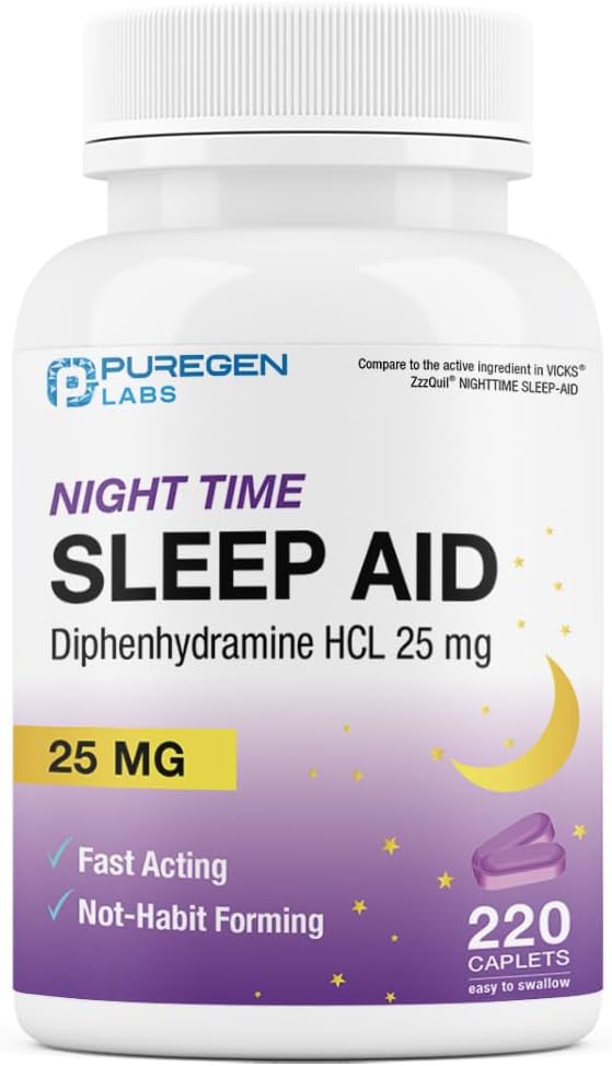 Puregen Labs Sleep Aid Caplets, Diphenhydramine HCl 25 מ"ג - 220 Count | תמיכה Deeper, Restful Sleep, Non Habit-Forming | Made in USA