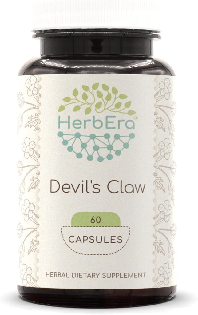 HerbEra Devil's Claw 60 קפסולות, 500 מ"ג, חוק השטן (Harpagophytum Procumbens) Dried Root (60 קפסולות)