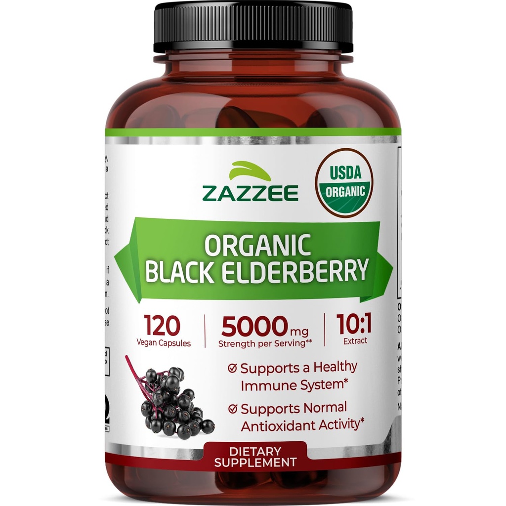 Zazzee USDA אורגני Black Elderberry 10:1 לחלץ, 5000 מ"ג כוח, 120 קפסולות טבעוניות, 2 חודשים אספקה, סטנדרטית, ריכוז 10X לחלץ, 100% Vegetarian, All-Natural, non-GMO, מיוצר בארה"ב