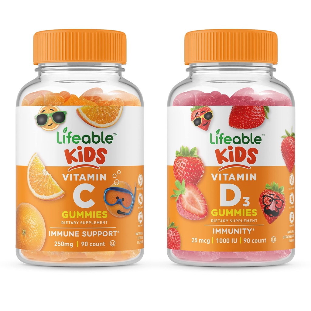 ויטמין D ילדים + ויטמין C ילדים, חניכיים Bundle - גדול Tasting, ויטמין תוסף, Gluten חינם, GMO חינם, Chewable Gummymy