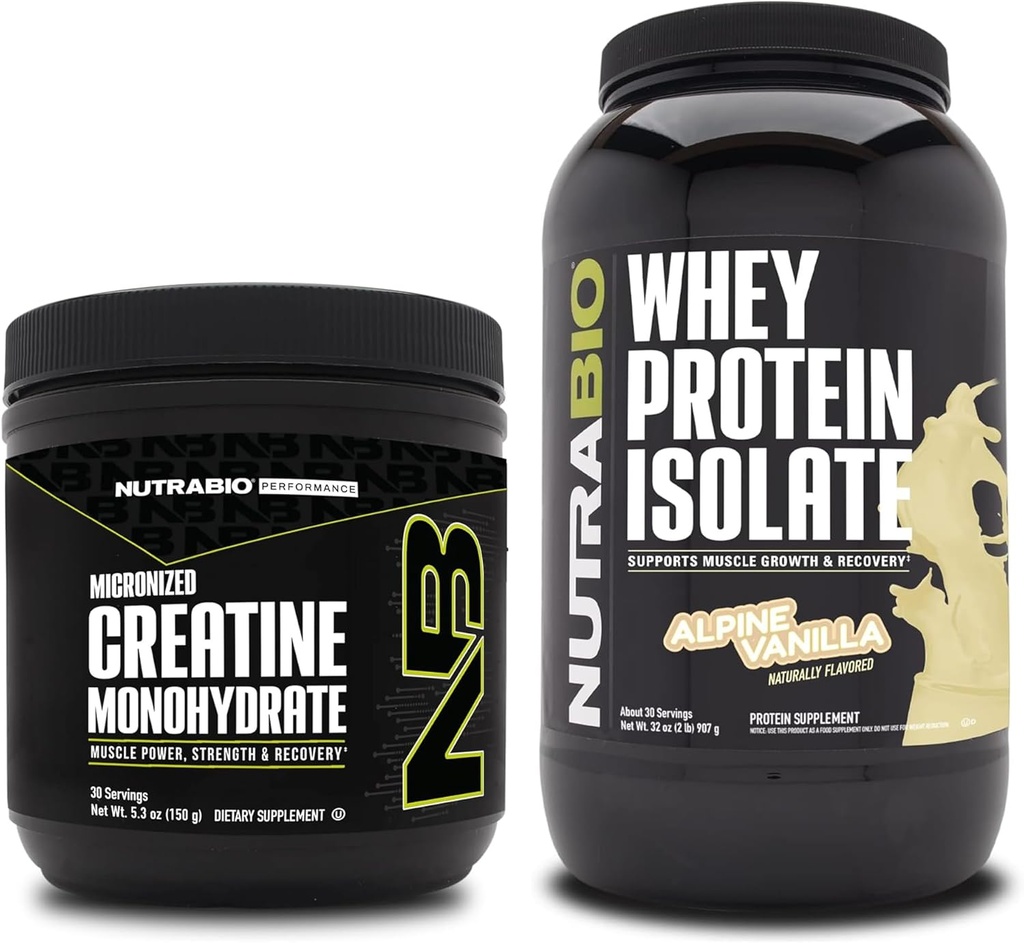 NutraBio Creatine Monohydrate, Unflavored, 150g ו Whey חלבון Isolate, אלפיני וניל, תוספת Bundle - שריר אנרגיה, Lean שרירים צמיחה, התאוששות וכוח