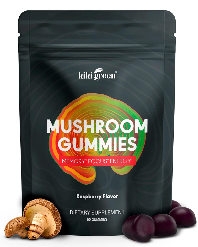 KIKI Green Mushroom Gummies with Lion's Mane ו 9 Fitogen Superfoods Band - Chaga, Red Reishi, Cordyceps, Shiitake, Black Fungus | 60 Count, 10:1 לחלץ