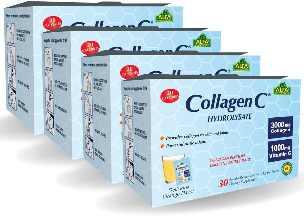 ALFA VITAMINS Collagen C Peptides hydrolysate אבקת תוסף, ויטמין C 1000 מ"ג, Gluten Free hydrolyzed Collagen עבור העור, שיער, ציפורניים, תמיכה משותפת ועצמות, Antioxidant, 30 Sachets עבור Box, 4 Pack