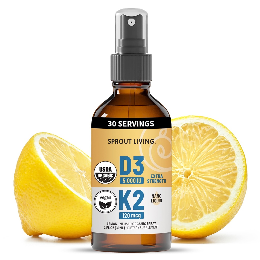 ויטמין אורגני D3 5000 IU (Lichen) + K2 120 mcg (Fermented Chickpea), Immune, Bone & Heart Health with Calcium Absorption | Trace מינרלים, Lemon & Citrus, Sugar Free, Spray (1 FL OZ, 30 משרתים)