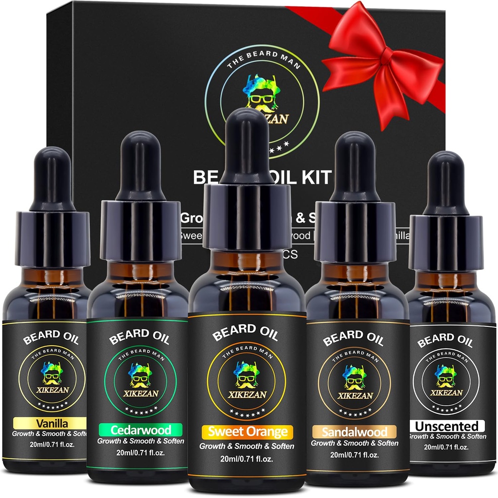 XIKEZAN 5 Pack Beard Oil Set w/Sandalwood, Orange, Vanilla, Cedarwood, Unscented for Beard Care, Moisturizing, Soften, Birthday Gifts for Men Him Daddy Husband Christmas Gifts Stuffers Stocking Stuffers