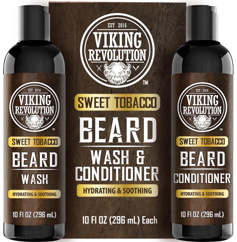 המהפכה הוויקינגית Beard Wash and Beard Conditioner for Men with Argan Oil ו- Jo Joba Oil - Beard Softener and Powerener Beard Care Beard Shampoo and Conditioner with Beard Oil (10oz, Sweet Tobacco)