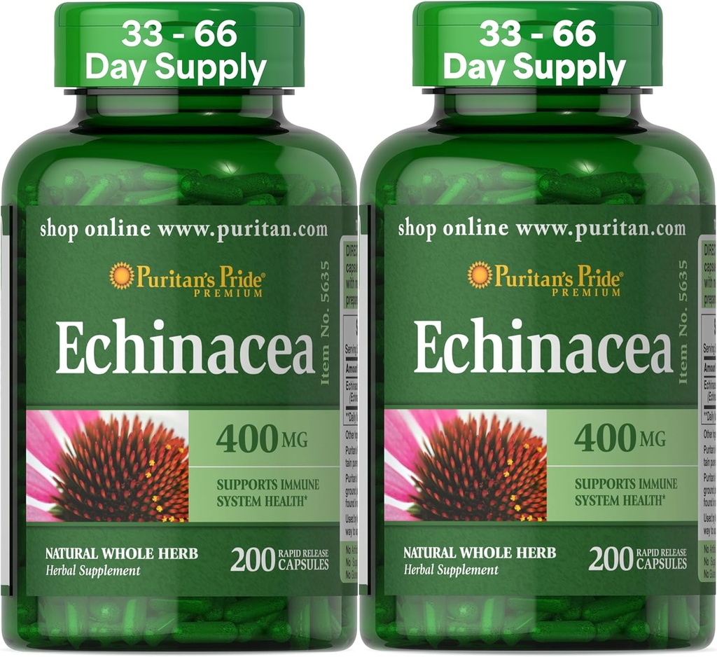 גאווה של Puritan's Pride Premium Echinacea Natural Herb Herbal תוסף 400 מ"ג, תוספת דיאטה לבריאות, תמיכה במערכת החיסון, 200 קפסולות שחרור מהיר, 2 Pack