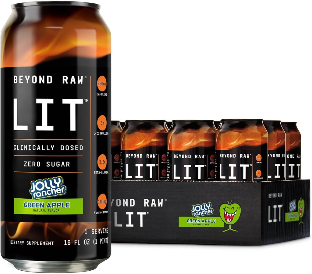 Beyond Raw LIT מוכן לשתות Pre Workout, Jolly Rancher Green Apple, For Energy, Focus, Intensity and Pumps, עם Nitric Oxide Boost, Zero Sugar, 250 מ"ג Caffeine עם אלן Betaine, 12 Cansssity and Pumps, עם Nitric Oxide Boost, Zero Sugar, 250 מ"ג קפאין עם אלן Betaine, 12 Canssss