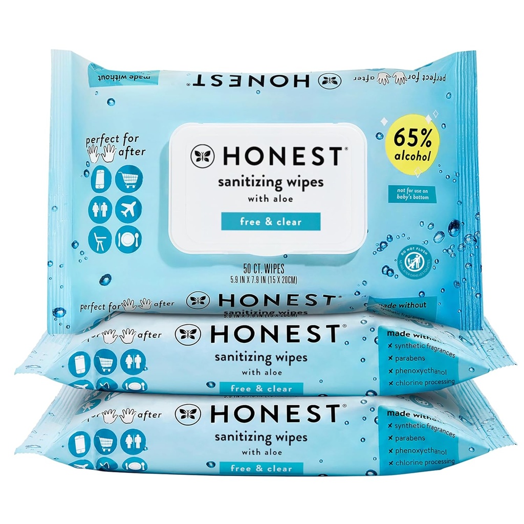 The Honest Company ללא סנקציות על אלכוהול Wipes, Antibacterial Hand Wipes with Aloe, Kills 99% של גרמים, Safe for Hands, 150 Count (3 Packs of 50)