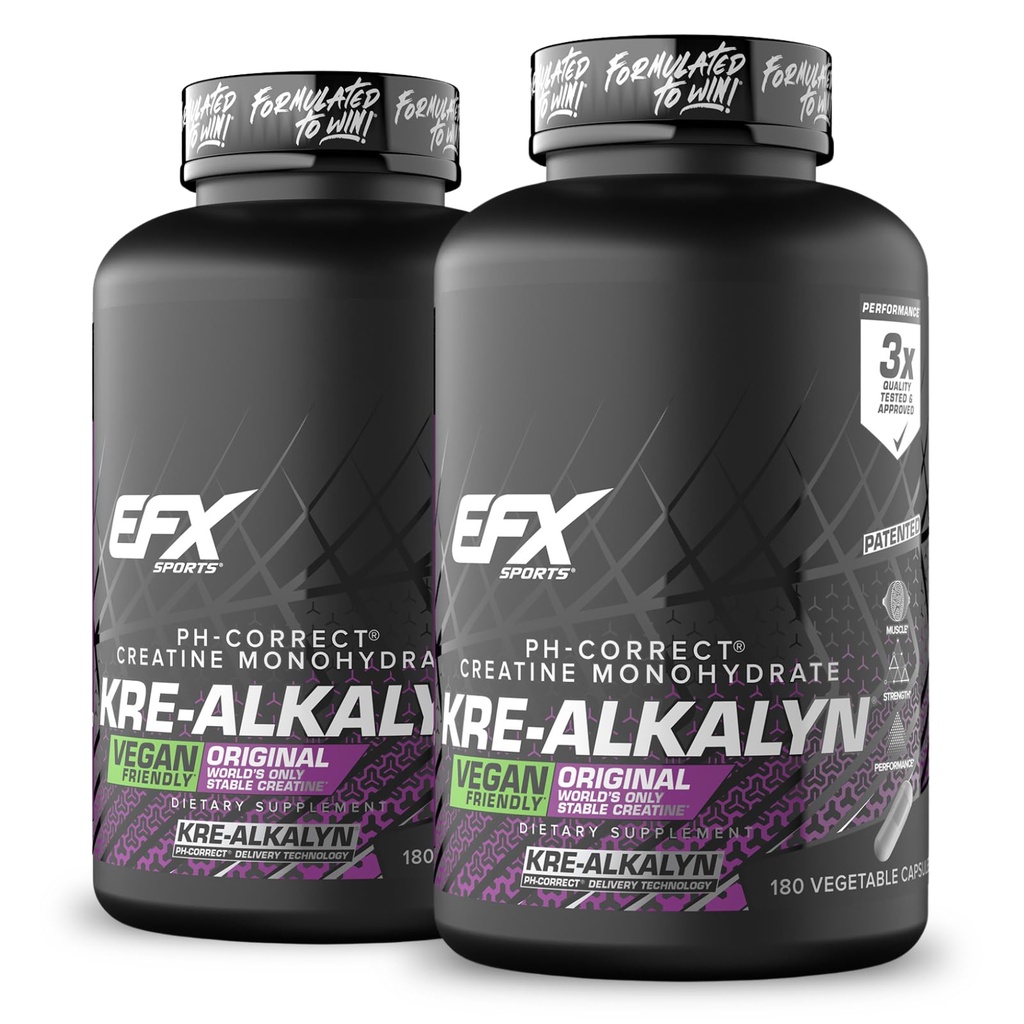 EFX Sports Kre-Alkalin EFX | pH תיקון Creatine Monohydrate גלולה תוספת גלולה | טבעונית ידידותית | כוח ושרירים צמיחה | 90 משרתים, 180 קפסולות Veggie (Pack of 2)