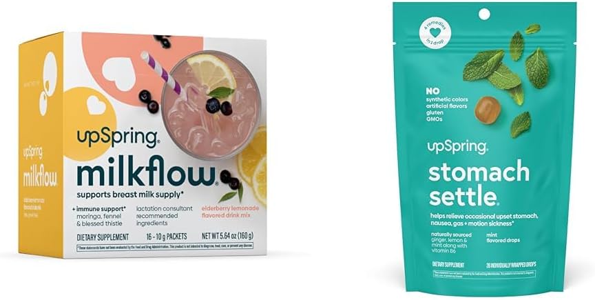 UpSpring Stomach Settle Drops, Mint Flavour, 28 Ct+Milkflow חזה הנקה תוספת משקה עם Moringa & mor Thistle, No Fenugreek | Elderberry Lemonade Flavor | 16 משקאות Mixes Mixes