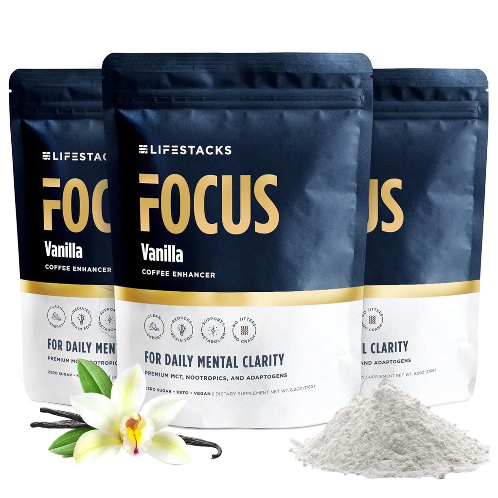 Vanilla MCT שמן 3Pack - Boost Energy & Clarity - אבקת MCT + Nootropics + Notropics + הסתגלות עבור חוויית קפה אלבומה - Keto, טבעוני, 0 סוכר - עם טאורין, L-Tyrosine, Rhodiola & More