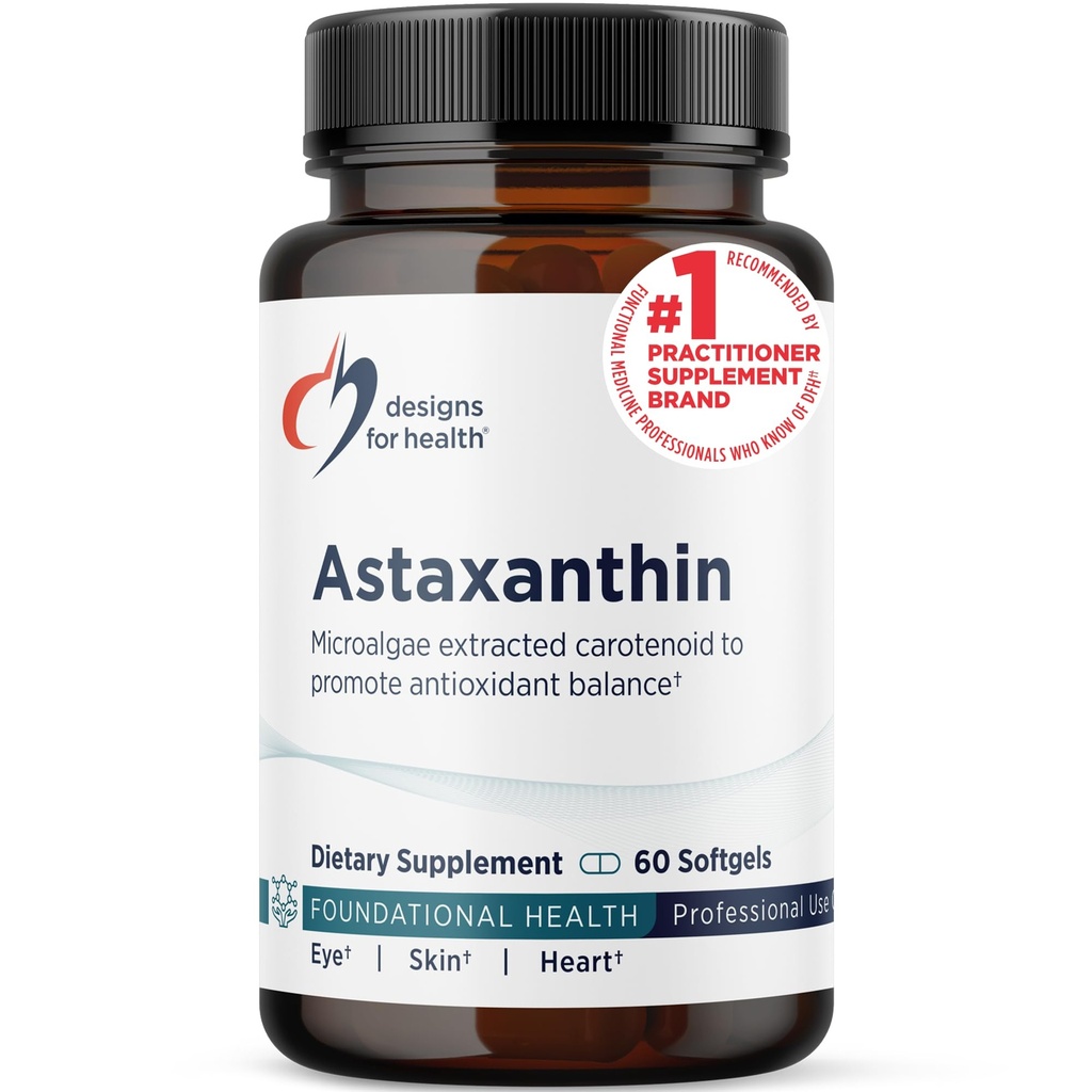 עיצובים לבריאות Astaxanthin - Microalgae (Haematococcus Pluvialis) הוציאו את תוספי Carotenoid Antioxidant - תמיכה Cardiovascular, GI, Skin + Eye Health (60 Softgels)