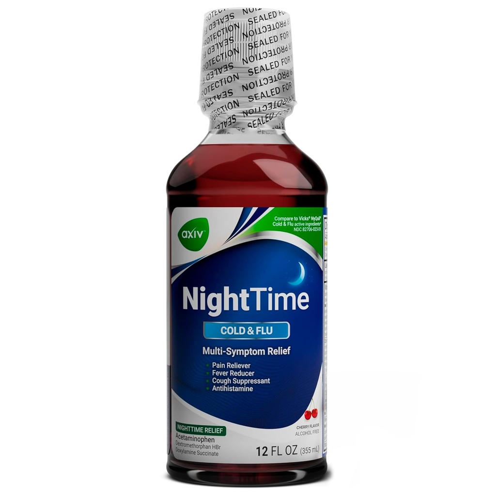 AXIV Nighttime Cold and Flu Relief Liquid Medicine, Nighttime Formula, Multi-Symptom Relief, Pain Reliever, Fever, Cough Suppressant, Cherry Flavor, 12 fl. oz.