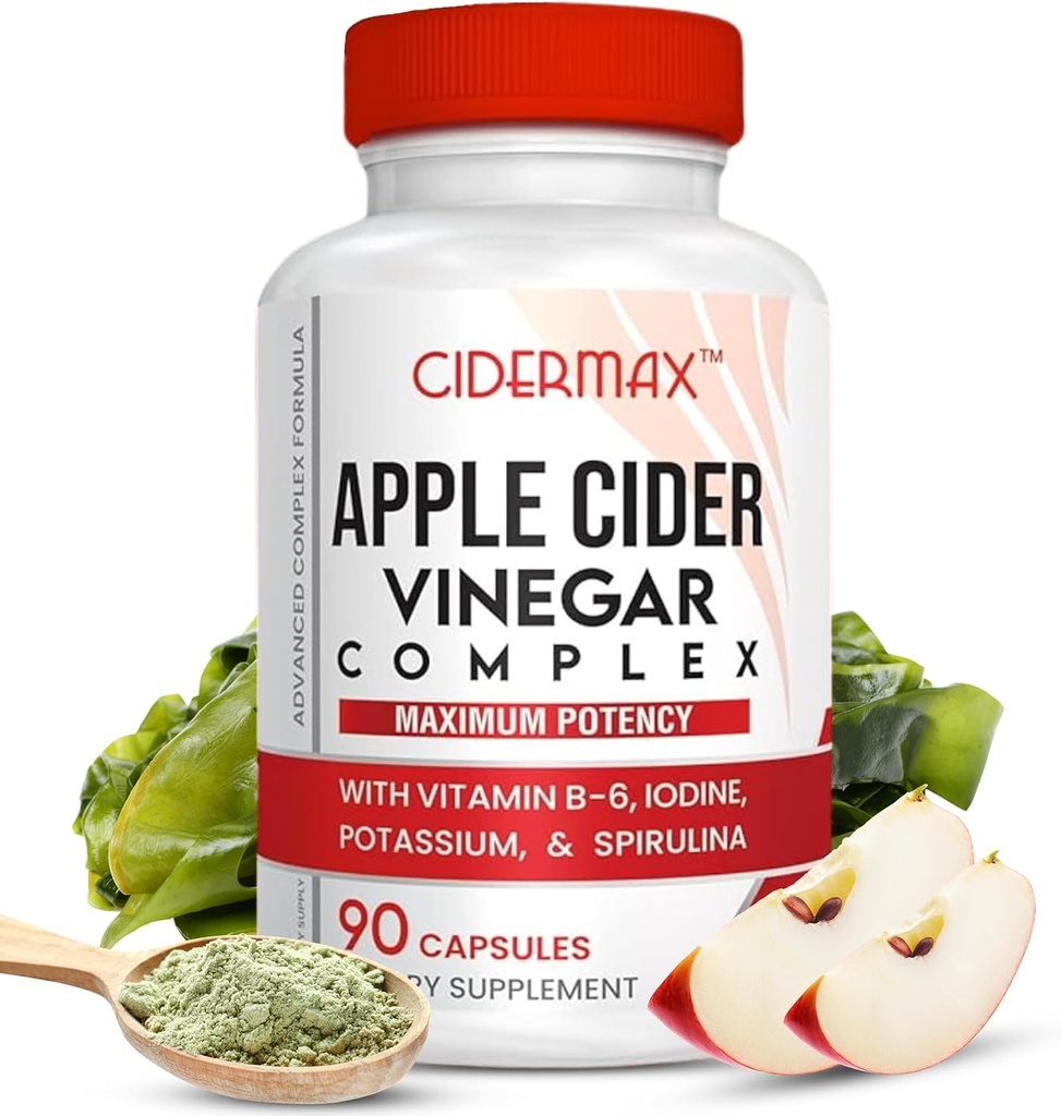 Apple Cider Vinegar Complex כמוסות - 90 יום אספקת קפסולות לתמיכה ב- Gut, Balanced Weight & Body Detox - All Natural ויטמין B6, Kelp, Potassium ו- Spirulina תוסף Cidermax