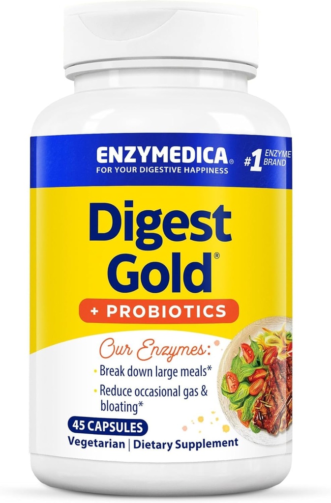 Enzymedica Gold + Probiotics, 2-in-1 פורמולה לבריאות Gut, Enzymes ו 1 מיליארד תרבויות פרוביוטיות Active Probiotics, 45 Count