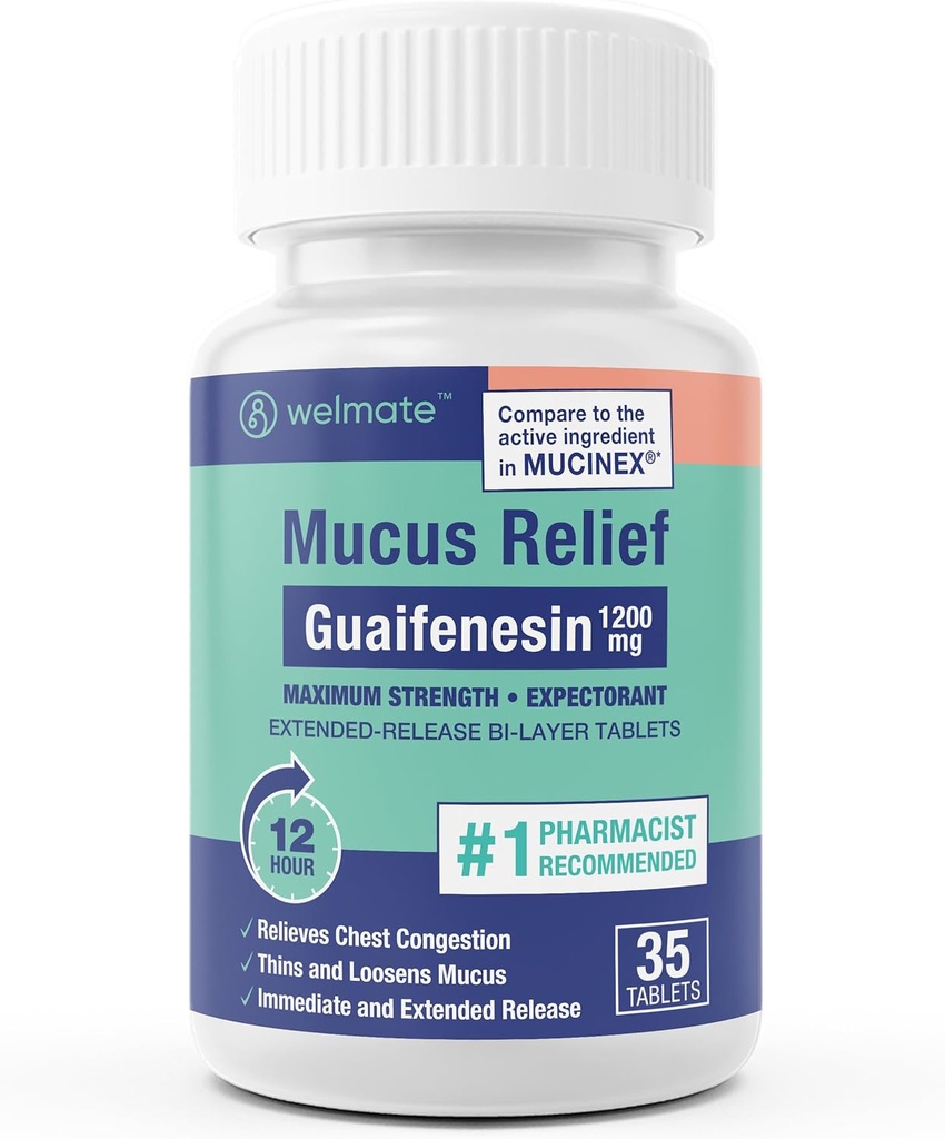 WeLMATE - Guaifenesin 1200mg טבליות) - Mucus Relief - מצפה - Cough & Cold - 12 Hr Support - Extended-Release Bi-Layer Tablets - Over-the-Counter תרופות