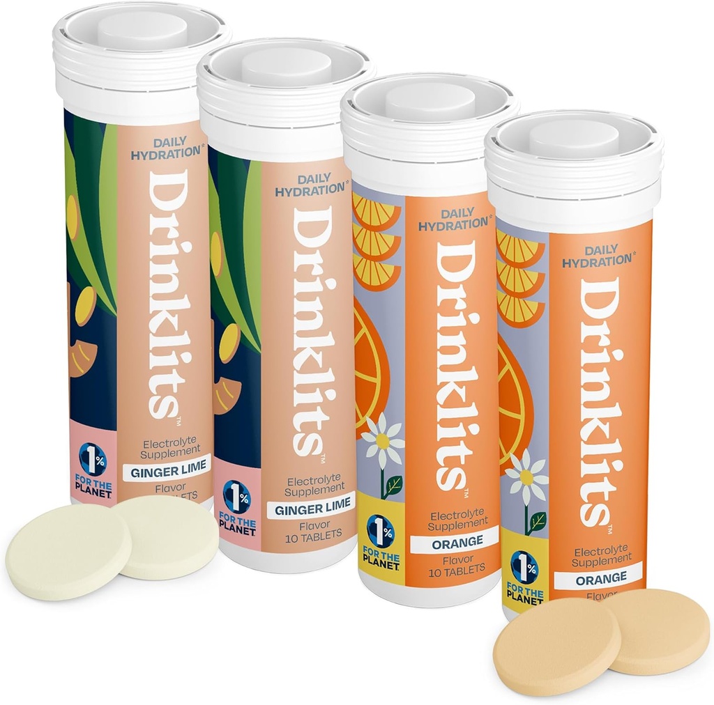 שתי ליטר ג'ינג'ר-לימה ו- Orange Electrolyte Tablets (4) Tube Bundle | Daily hydrotion Combo Pack | Delicious Natural Flavors - 0g Sugar | 40שרתים - 10 טבליות Per Tube