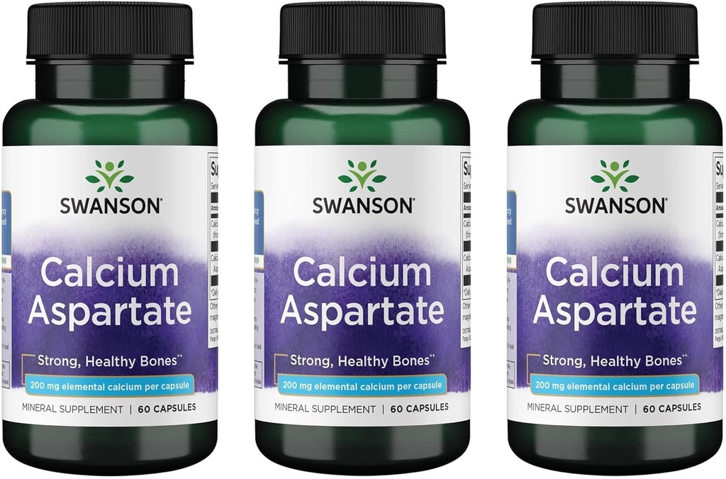 Swanson Calcium Aspartate - תוסף צמחי לקידום העצם, הלב, בריאות השרירים - פורמולה טבעית לקידום כל הגוף - (60 קפסולות-200 מ"ג כל אחד) (3 Pack)