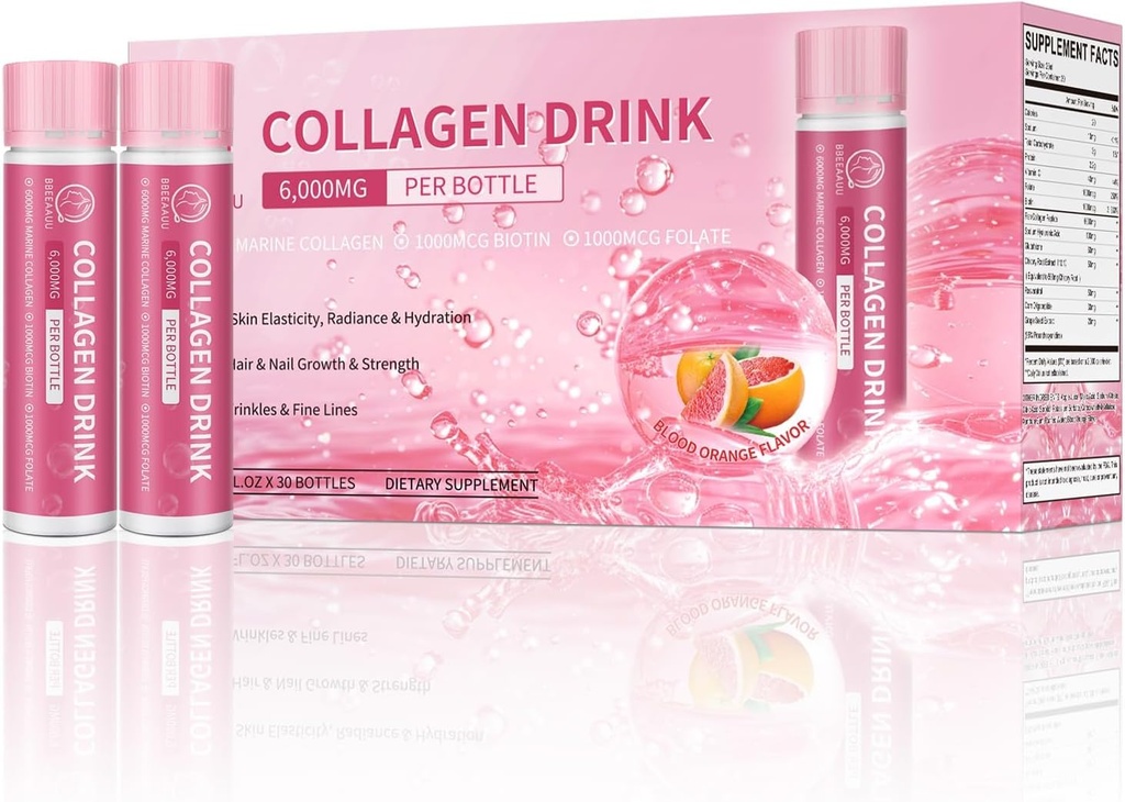 משקאות משותפים עם 6000 מ"ג Marine Collagen Peptides, נוזל קולאזן יורה לנשים תמיכה יופי, תוספי קולגן עבור עור, שיער וניק, 0.85 Fl.Oz (25 מ"ל)x30 בקבוקים, Blood Orange Orange
