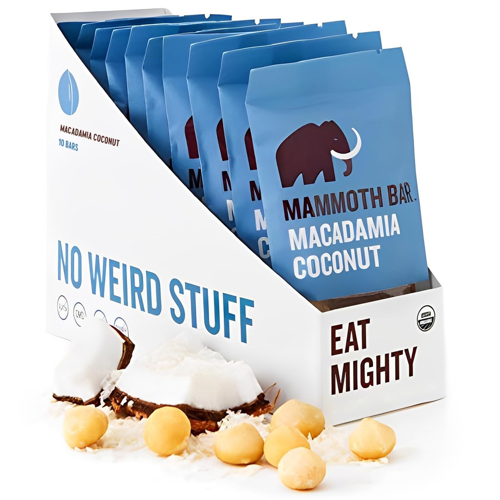 Mamoth Bar Macadamia קוקוס Bar - 10 אורגני חלבון Bars - גבוה סיבים - גבוה פירטו - Gluten חינם - חלבון ביצה - GMO חינם - Raw / Premium Nuts