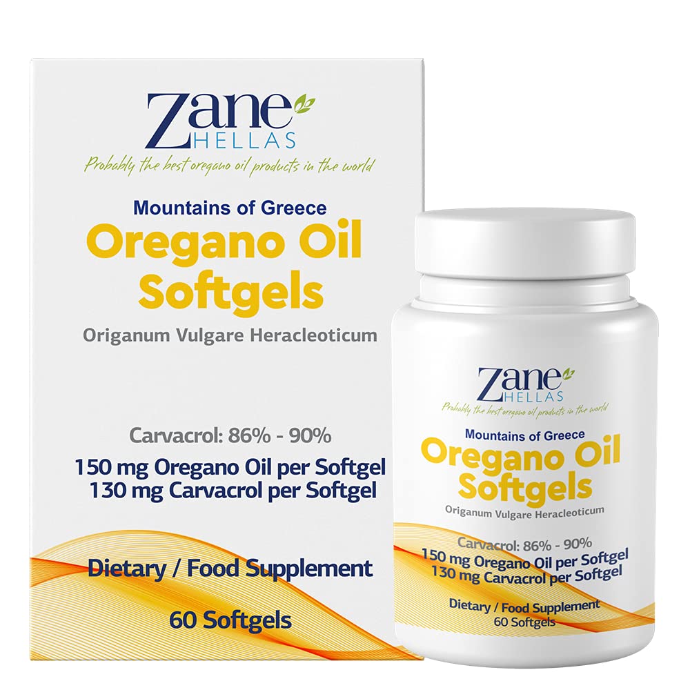 130 מ"ג Carvacrol - 150 מ"ג שמן Oregano per Softgel. הקפסולת הנפט הגבוהה בעולם Oregano Zane Hellas Oregano שמן. Softgel מכיל 30% שמן חיוני יווני של Oregano. 60 Softgels.