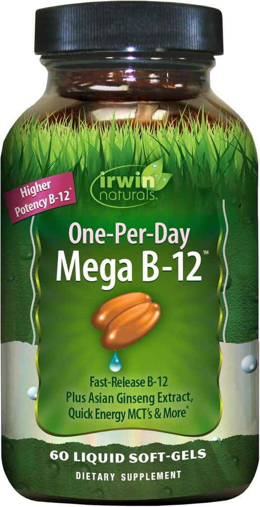 Irwin Naturals Mega B-Complex - 60 נוזל Softgels - ויטמין B מורכב עם ויטמין B12, Folate B9, Biotin B7, B1, B2, B3, B5, B6, ו- Quick Energy MCTs.