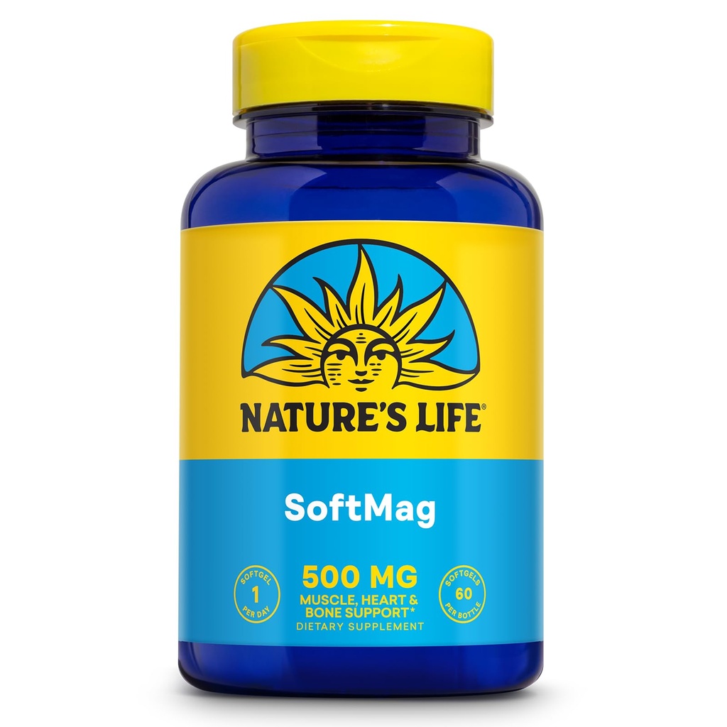 NATURE'S Life SoftMag 500 מ"ג - Magnesium Complex - בריאות העצם, השרירים והבריאות הלב - Easy to Swallow Softgels - 60 יום ערבות, 60 משרתות, 60ct