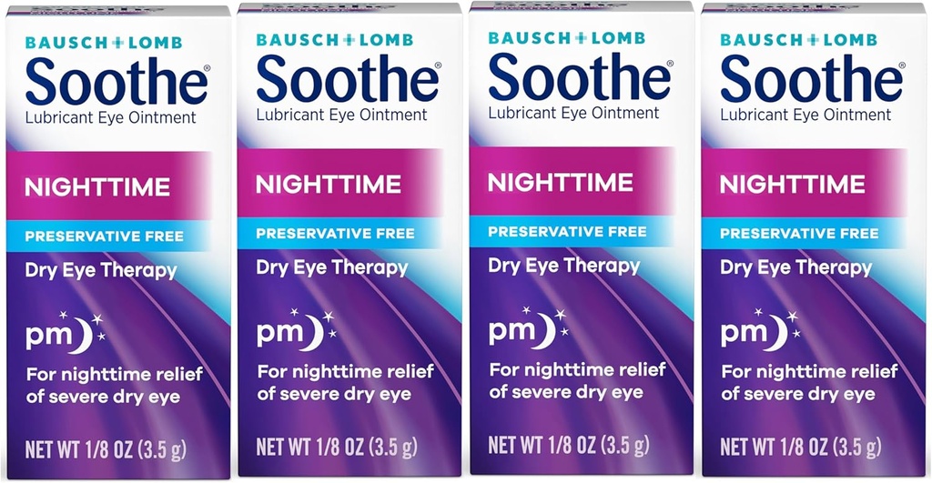 Soothe Eye Ointment by Bausch & Lomb, Lubricant הקלה לעיניים יבשות, Moisturizing & Comforting Nighttime יבש טיפול עיניים, מתאים לעיניים רגישות, חינם, 3.5 גרם - 4 Pack