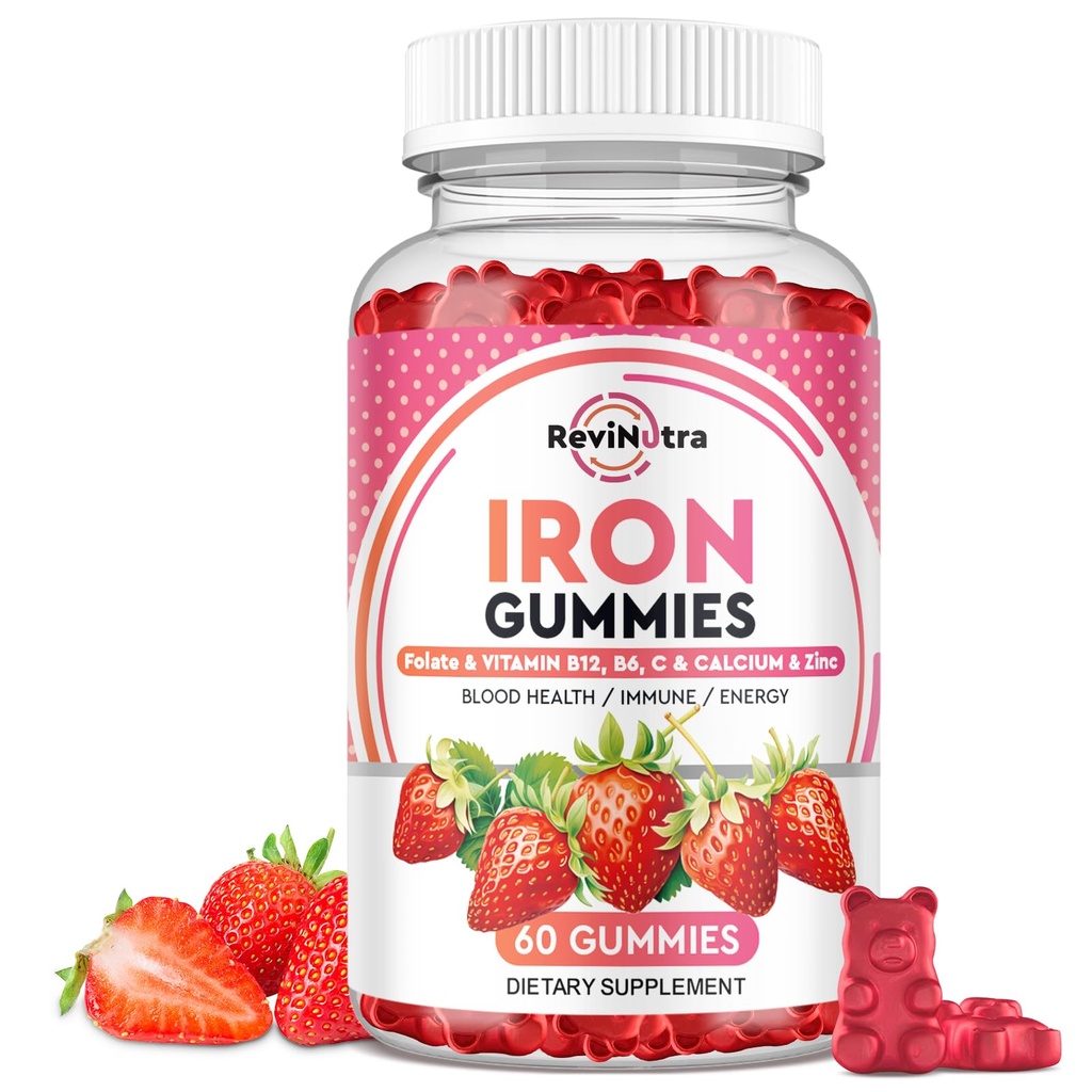 חניכיים ברזל - עם Calcium, Zinc, Folate & ויטמין B12, C,B6 למבוגרים וילדים - Blood Builder & Energy Support for Iron Deficiency, Anemia, טבעוני - 60 חניכיים