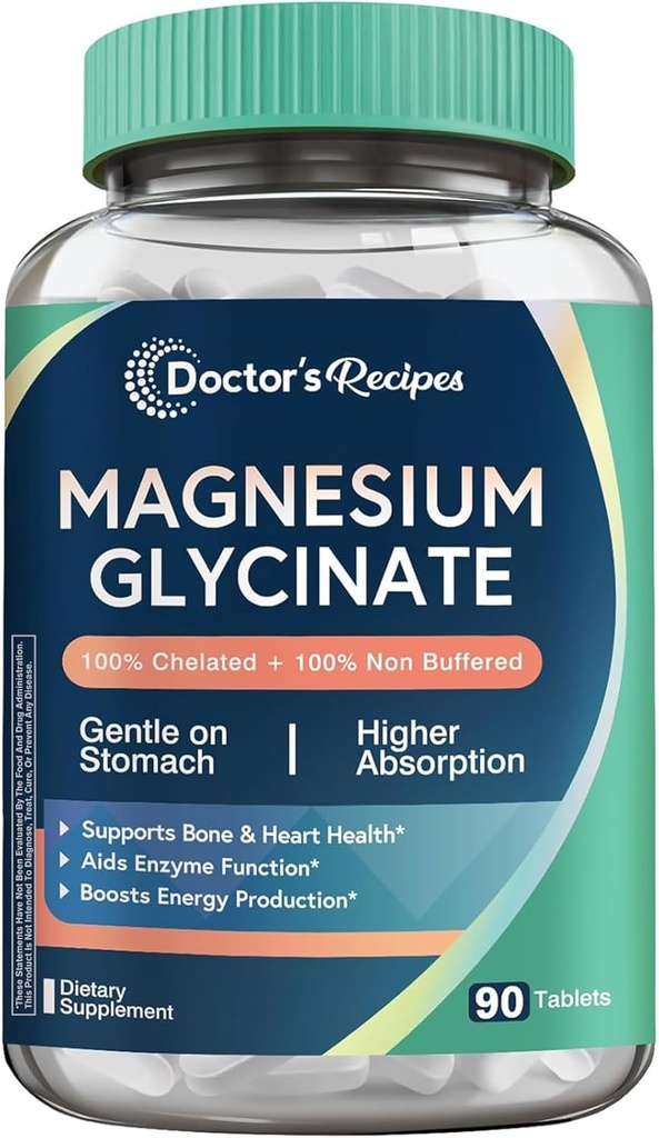 המתכון של הדוקטור מגנזיום Glycinate, Chelated Magnesium with High Absorption & Non-Buffered, Easy on Stomach, No Gluten, Bone, Nerve & Energy Support, 90 טבליות