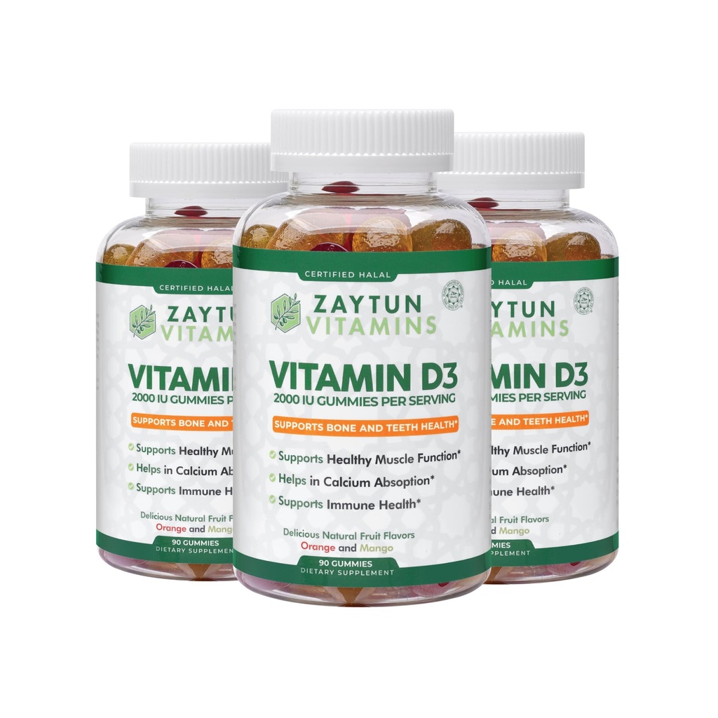 Zaytun Halal ויטמין D3 2000 IU Gummies, תומך העצם & Immune בריאות, מקדם תפקוד שרירים, Gluten & Gelatin חינם, (3-Pack) - Made in USA
